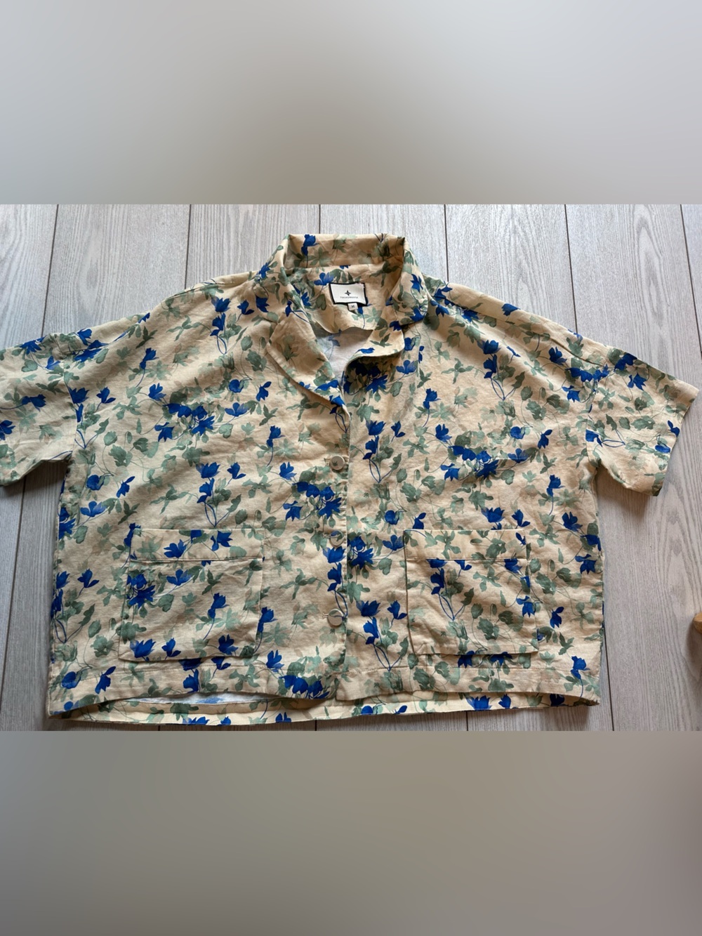 Women's Floral Button-Up Shirt in Beige with Blue Flowers linen and cotton